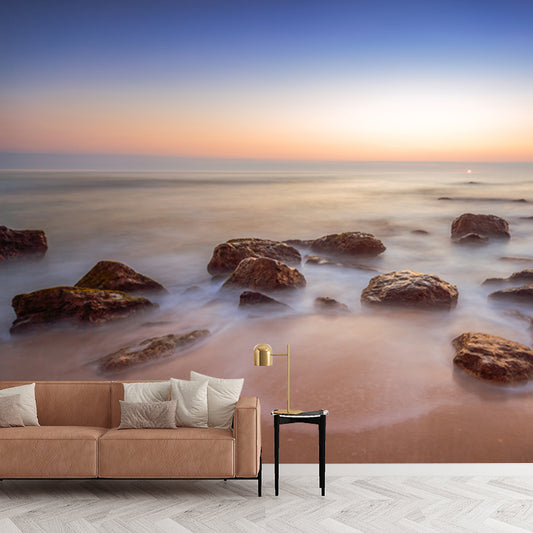 Large Modern Mural Blue Sunset Skyline with Beach Rocks Scenery Wall Covering, Custom Print Clearhalo 'Wall Decor' 'Wall Mural' 1469043