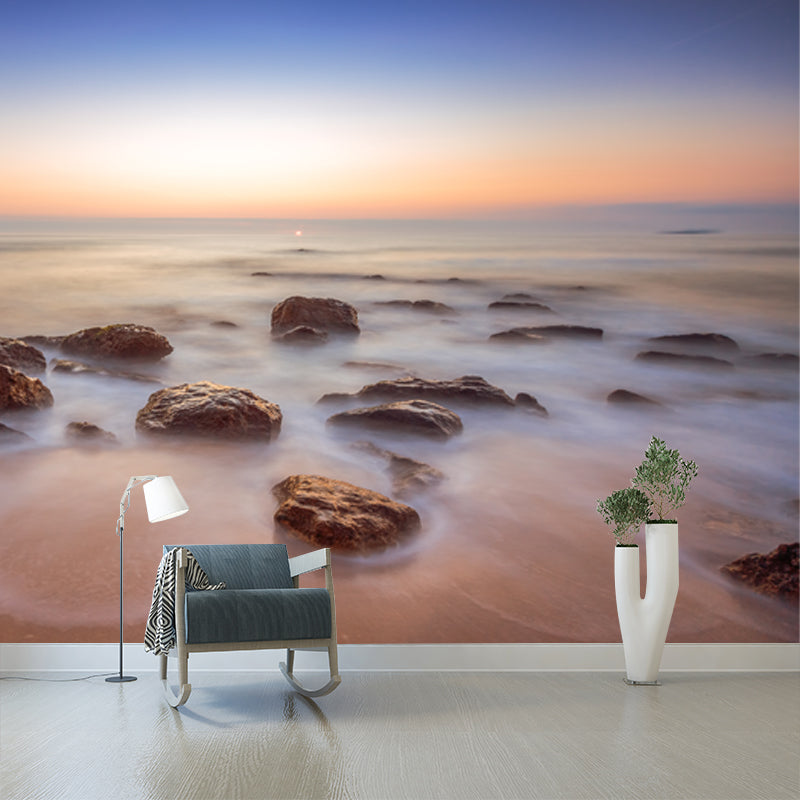 Large Modern Mural Blue Sunset Skyline with Beach Rocks Scenery Wall Covering, Custom Print Clearhalo 'Wall Decor' 'Wall Mural' 1469044