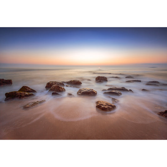Large Modern Mural Blue Sunset Skyline with Beach Rocks Scenery Wall Covering, Custom Print Clearhalo 'Wall Decor' 'Wall Mural' 1469045