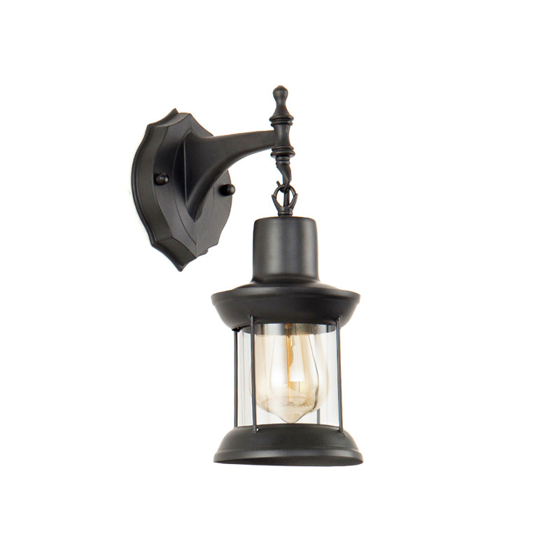 Clear Glass Black Sconce Light Lantern 1-Light Industrial Wall Lamp Fixture for Kitchen Clearhalo 'Art deco wall lights' 'Cast Iron' 'Glass' 'Industrial wall lights' 'Industrial' 'Middle century wall lights' 'Modern' 'Rustic wall lights' 'Tiffany' 'Traditional wall lights' 'Wall Lamps & Sconces' 'Wall Lights' Lighting' 146907