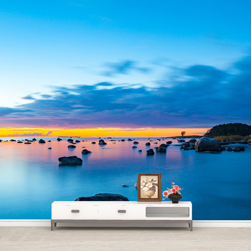 Giant Tropics Mural Decal Blue Scattered Rock on Beach after Sunset Wall Decor, Made to Measure Blue Clearhalo 'Wall Decor' 'Wall Mural' 1469077