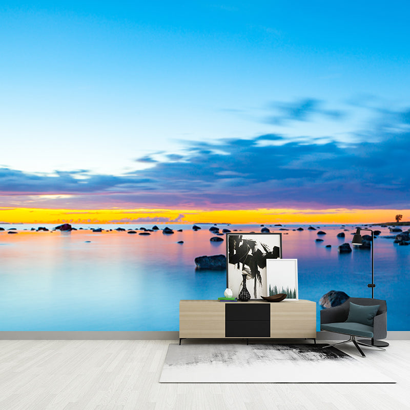 Giant Tropics Mural Decal Blue Scattered Rock on Beach after Sunset Wall Decor, Made to Measure Clearhalo 'Wall Decor' 'Wall Mural' 1469078