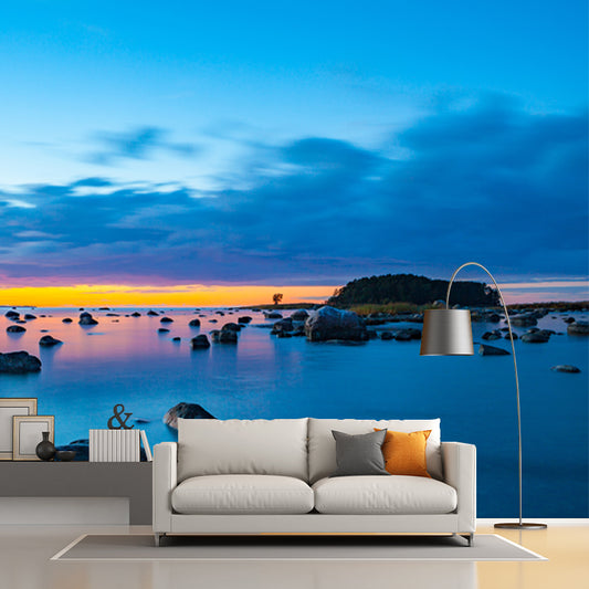 Giant Tropics Mural Decal Blue Scattered Rock on Beach after Sunset Wall Decor, Made to Measure Clearhalo 'Wall Decor' 'Wall Mural' 1469079