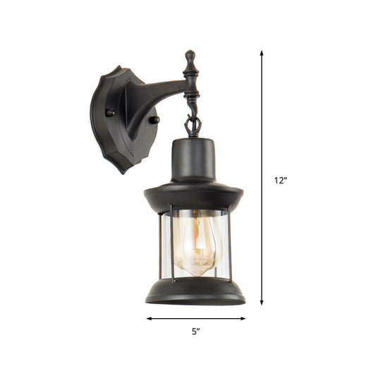 Clear Glass Black Sconce Light Lantern 1-Light Industrial Wall Lamp Fixture for Kitchen Clearhalo 'Art deco wall lights' 'Cast Iron' 'Glass' 'Industrial wall lights' 'Industrial' 'Middle century wall lights' 'Modern' 'Rustic wall lights' 'Tiffany' 'Traditional wall lights' 'Wall Lamps & Sconces' 'Wall Lights' Lighting' 146908