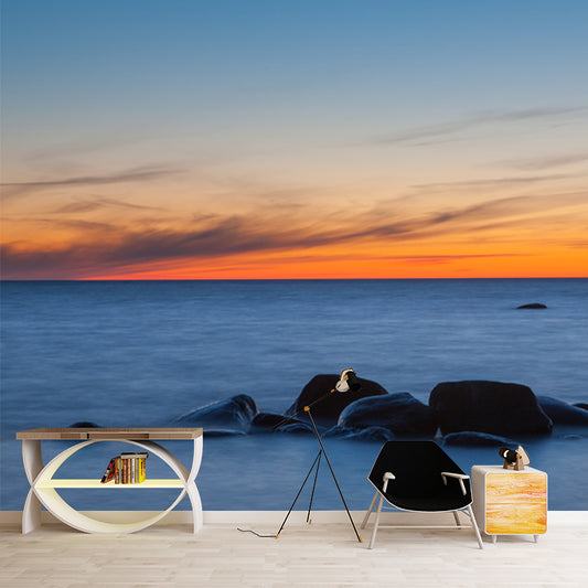 Blue Tropix Wall Mural Decal Full Size Flat Sea Surface Stone at Dusk Wall Decor Clearhalo 'Wall Decor' 'Wall Mural' 1469093