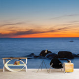 Blue Tropix Wall Mural Decal Full Size Flat Sea Surface Stone at Dusk Wall Decor Clearhalo 'Wall Decor' 'Wall Mural' 1469093