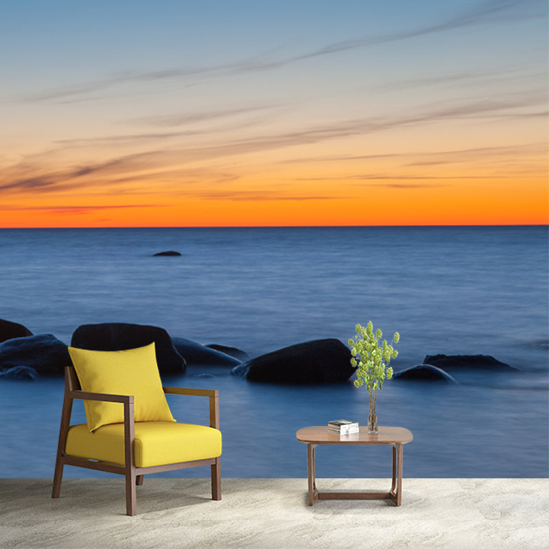 Blue Tropix Wall Mural Decal Full Size Flat Sea Surface Stone at Dusk Wall Decor Clearhalo 'Wall Decor' 'Wall Mural' 1469094