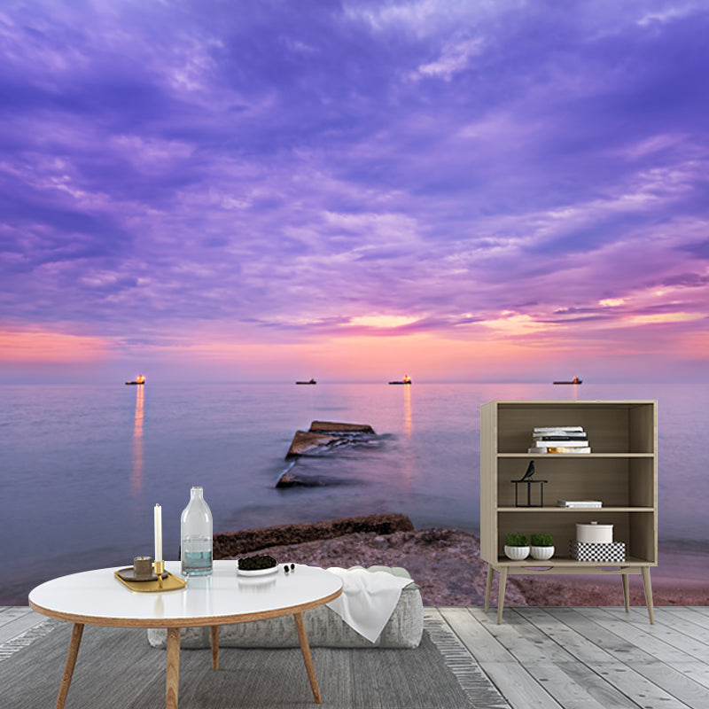 Tropics Nightfall Ocean Wallpaper Mural for Bedroom Customized Wall Art in Purple Purple Clearhalo 'Wall Decor' 'Wall Mural' 1469097