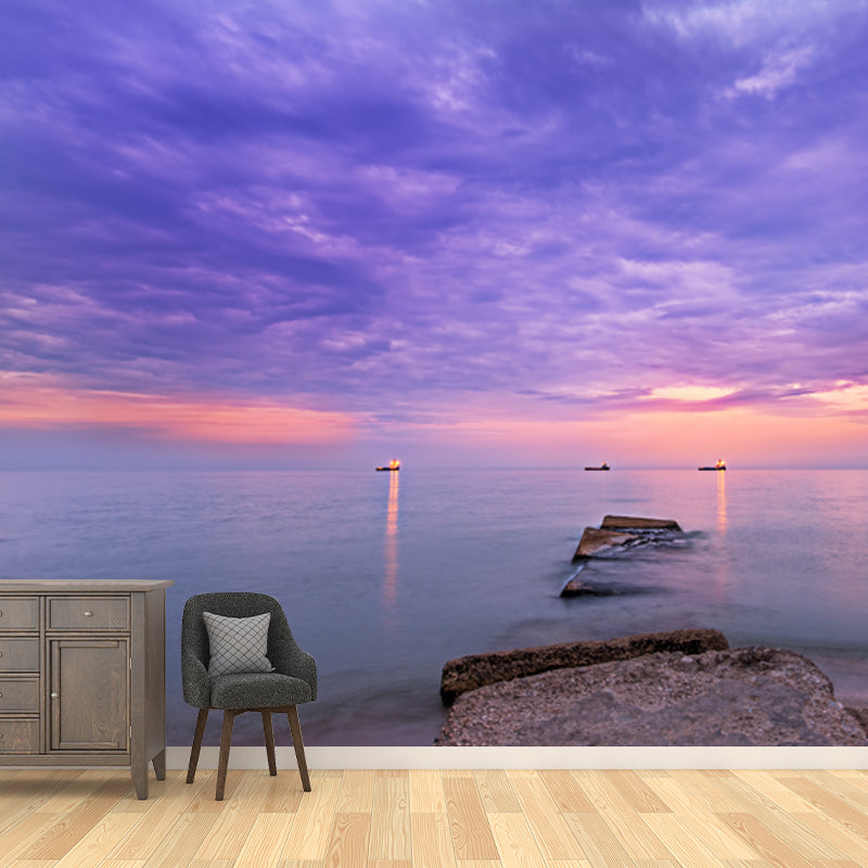 Tropics Nightfall Ocean Wallpaper Mural for Bedroom Customized Wall Art in Purple Clearhalo 'Wall Decor' 'Wall Mural' 1469098