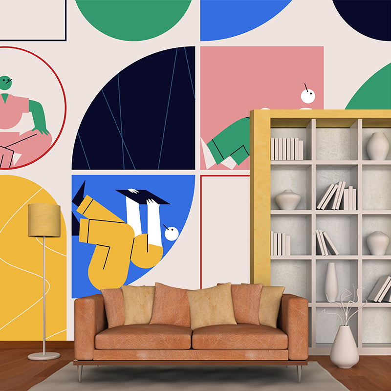 Illustration Man of Leisure Mural for Bedroom, Pink-Blue-Yellow, Custom Size Available Pink Clearhalo 'Wall Decor' 'Wall Mural' 1469147