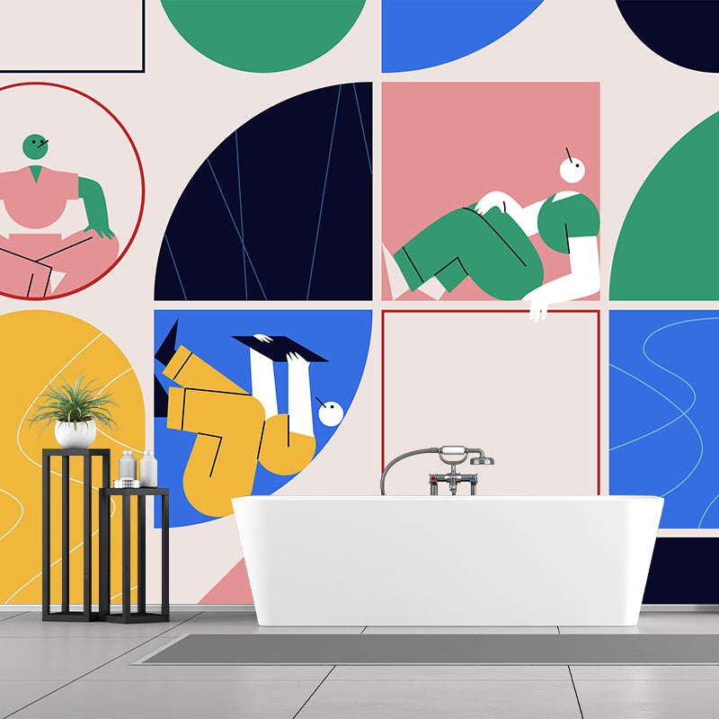 Illustration Man of Leisure Mural for Bedroom, Pink-Blue-Yellow, Custom Size Available Clearhalo 'Wall Decor' 'Wall Mural' 1469148