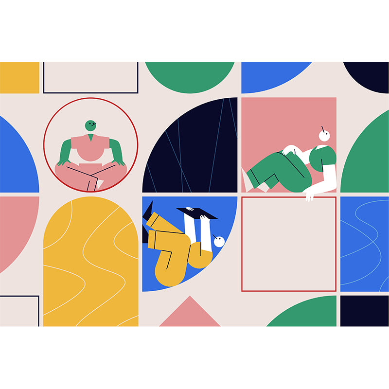 Illustration Man of Leisure Mural for Bedroom, Pink-Blue-Yellow, Custom Size Available Clearhalo 'Wall Decor' 'Wall Mural' 1469150