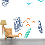 Kids Doodle Seagulls Wall Mural for Kindergarten Customized Wall Decor in Blue-Orange Clearhalo 'Wall Decor' 'Wall Mural' 1469233