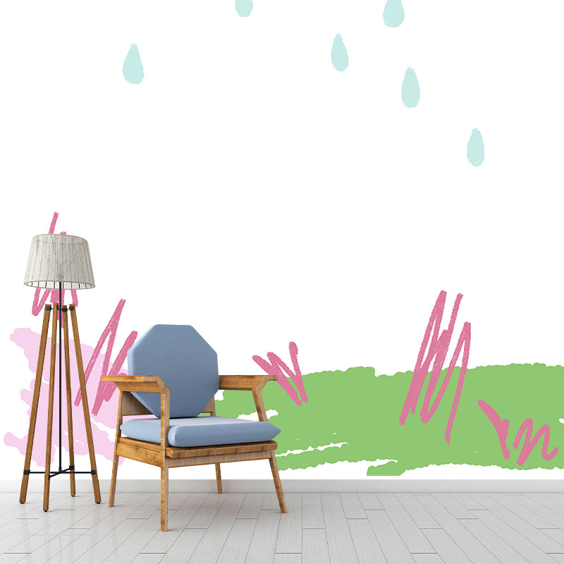 Huge Rainy Spring Scribble Mural Green Non-Woven Wall Covering, Waterproof, Optional Size Clearhalo 'Wall Decor' 'Wall Mural' 1469249