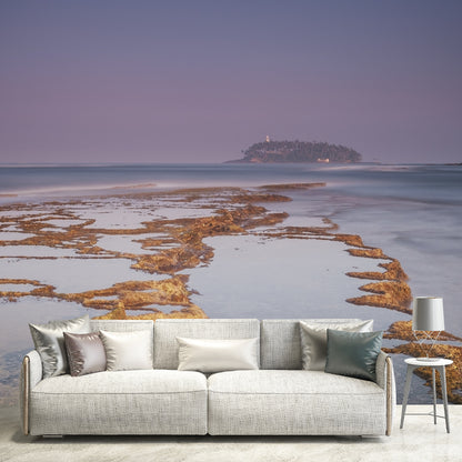 Non-Woven Stain Proof Mural Tropical Tidal Flats and Distant Island Wall Art in Purple-Blue Purplish Blue Clearhalo 'Wall Decor' 'Wall Mural' 1469375
