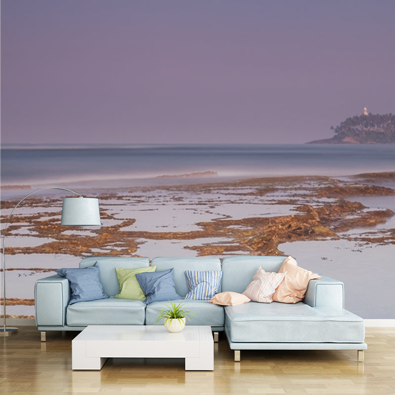 Non-Woven Stain Proof Mural Tropical Tidal Flats and Distant Island Wall Art in Purple-Blue Clearhalo 'Wall Decor' 'Wall Mural' 1469376