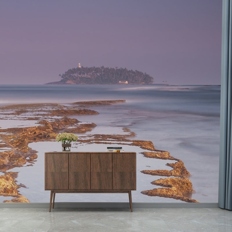 Non-Woven Stain Proof Mural Tropical Tidal Flats and Distant Island Wall Art in Purple-Blue Clearhalo 'Wall Decor' 'Wall Mural' 1469377