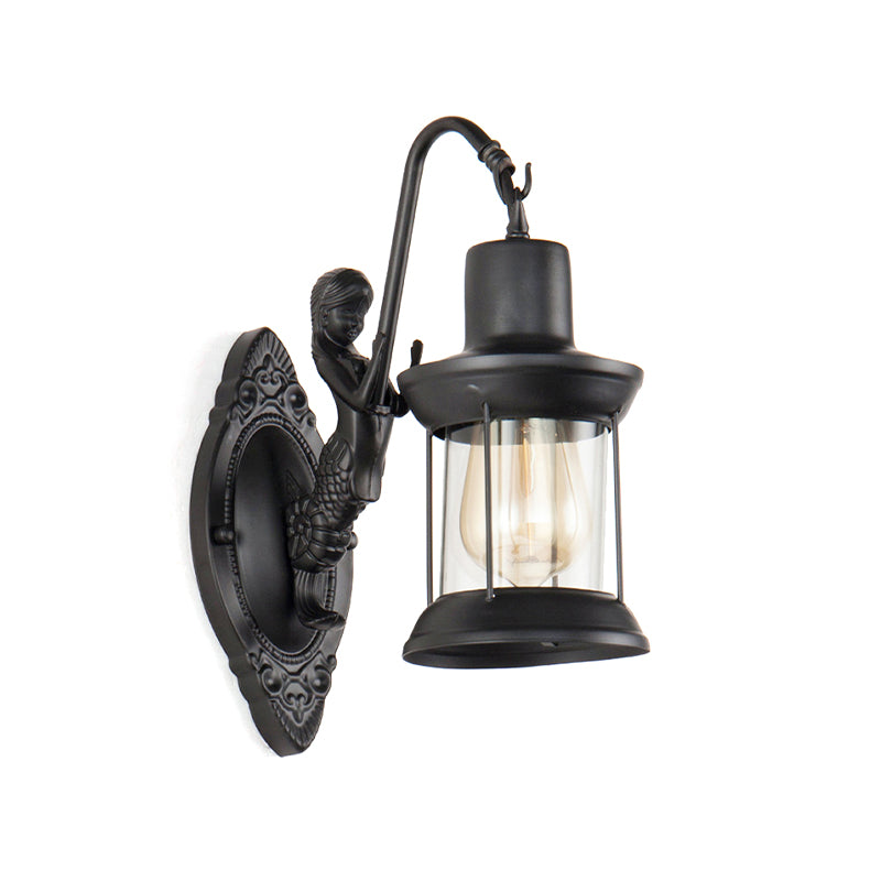 1 Light Clear Glass Wall Sconce Light Industrial Black Lantern Outdoor Lighting Fixture with Mermaid Decoration Clearhalo 'Art deco wall lights' 'Cast Iron' 'Glass' 'Industrial wall lights' 'Industrial' 'Middle century wall lights' 'Modern' 'Rustic wall lights' 'Tiffany' 'Traditional wall lights' 'Wall Lamps & Sconces' 'Wall Lights' Lighting' 146939