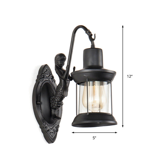 1 Light Clear Glass Wall Sconce Light Industrial Black Lantern Outdoor Lighting Fixture with Mermaid Decoration Clearhalo 'Art deco wall lights' 'Cast Iron' 'Glass' 'Industrial wall lights' 'Industrial' 'Middle century wall lights' 'Modern' 'Rustic wall lights' 'Tiffany' 'Traditional wall lights' 'Wall Lamps & Sconces' 'Wall Lights' Lighting' 146940
