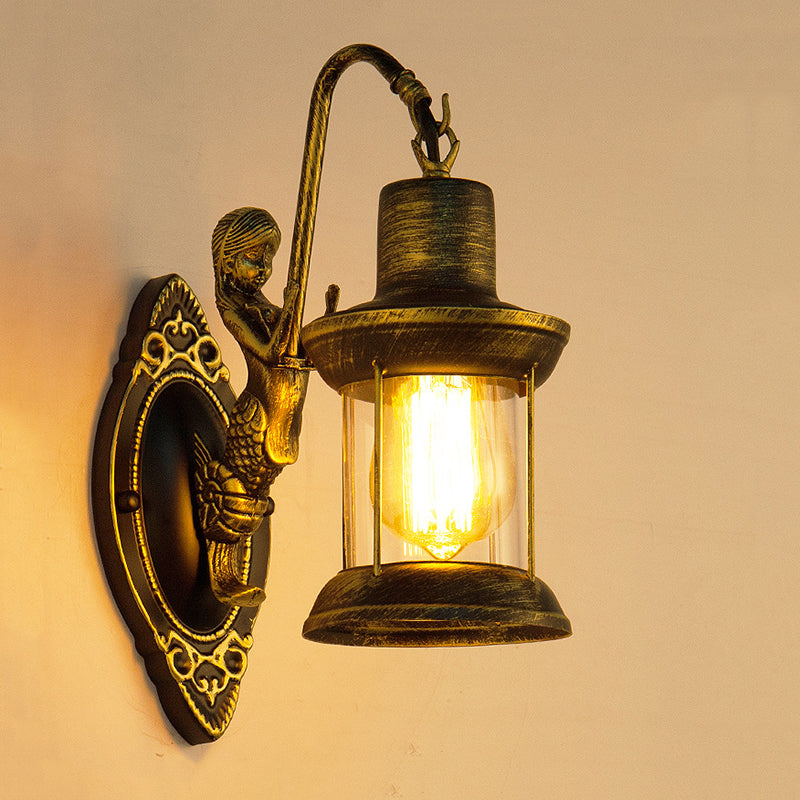 Clear Glass Bronze Sconce Light Lantern 1-Light Industrial Wall Lamp Fixture with Mermaid Decoration Clearhalo 'Art deco wall lights' 'Cast Iron' 'Glass' 'Industrial wall lights' 'Industrial' 'Middle century wall lights' 'Modern' 'Rustic wall lights' 'Tiffany' 'Traditional wall lights' 'Wall Lamps & Sconces' 'Wall Lights' Lighting' 146942