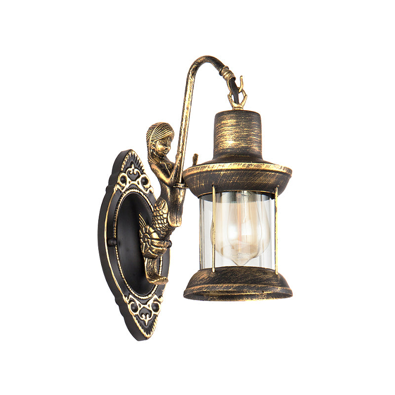 Clear Glass Bronze Sconce Light Lantern 1-Light Industrial Wall Lamp Fixture with Mermaid Decoration Clearhalo 'Art deco wall lights' 'Cast Iron' 'Glass' 'Industrial wall lights' 'Industrial' 'Middle century wall lights' 'Modern' 'Rustic wall lights' 'Tiffany' 'Traditional wall lights' 'Wall Lamps & Sconces' 'Wall Lights' Lighting' 146943