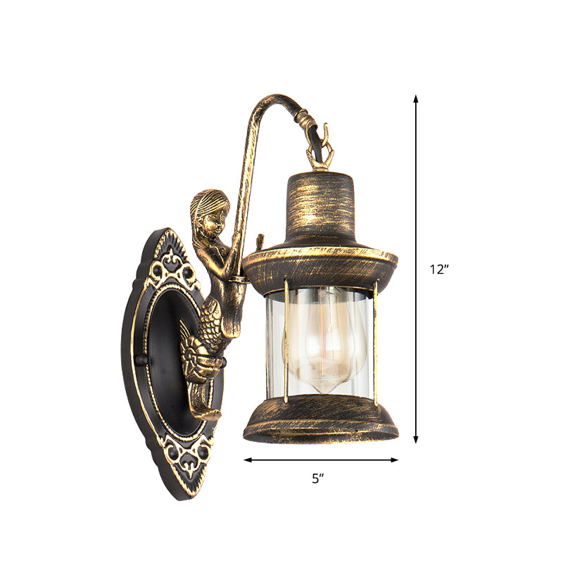 Clear Glass Bronze Sconce Light Lantern 1-Light Industrial Wall Lamp Fixture with Mermaid Decoration Clearhalo 'Art deco wall lights' 'Cast Iron' 'Glass' 'Industrial wall lights' 'Industrial' 'Middle century wall lights' 'Modern' 'Rustic wall lights' 'Tiffany' 'Traditional wall lights' 'Wall Lamps & Sconces' 'Wall Lights' Lighting' 146944