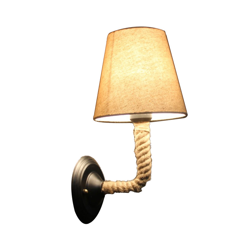 1 Light Conic Wall Sconce Lodge Style Beige Fabric Wall Lighting with Roped Curved/Angle Arm for Restaurant Clearhalo 'Art deco wall lights' 'Cast Iron' 'Glass' 'Industrial wall lights' 'Industrial' 'Middle century wall lights' 'Modern' 'Rustic wall lights' 'Tiffany' 'Traditional wall lights' 'Wall Lamps & Sconces' 'Wall Lights' Lighting' 146960