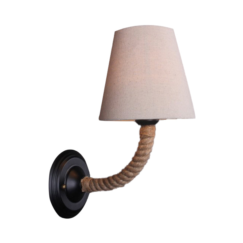 1 Light Conic Wall Sconce Lodge Style Beige Fabric Wall Lighting with Roped Curved/Angle Arm for Restaurant Clearhalo 'Art deco wall lights' 'Cast Iron' 'Glass' 'Industrial wall lights' 'Industrial' 'Middle century wall lights' 'Modern' 'Rustic wall lights' 'Tiffany' 'Traditional wall lights' 'Wall Lamps & Sconces' 'Wall Lights' Lighting' 146964