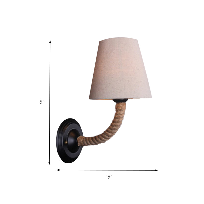 1 Light Conic Wall Sconce Lodge Style Beige Fabric Wall Lighting with Roped Curved/Angle Arm for Restaurant Clearhalo 'Art deco wall lights' 'Cast Iron' 'Glass' 'Industrial wall lights' 'Industrial' 'Middle century wall lights' 'Modern' 'Rustic wall lights' 'Tiffany' 'Traditional wall lights' 'Wall Lamps & Sconces' 'Wall Lights' Lighting' 146965