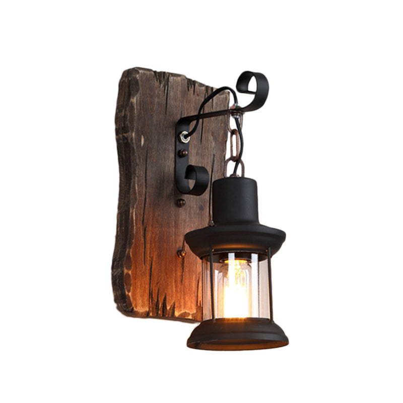 Black One Light Sconce Light Rustic Clear Glass Caged Lighting Fixture with Wooden Backplate Clearhalo 'Industrial wall lights' 'Industrial' 'Middle century wall lights' 'Rustic wall lights' 'Tiffany' 'Wall Lamps & Sconces' 'Wall Lights' Lighting' 146972
