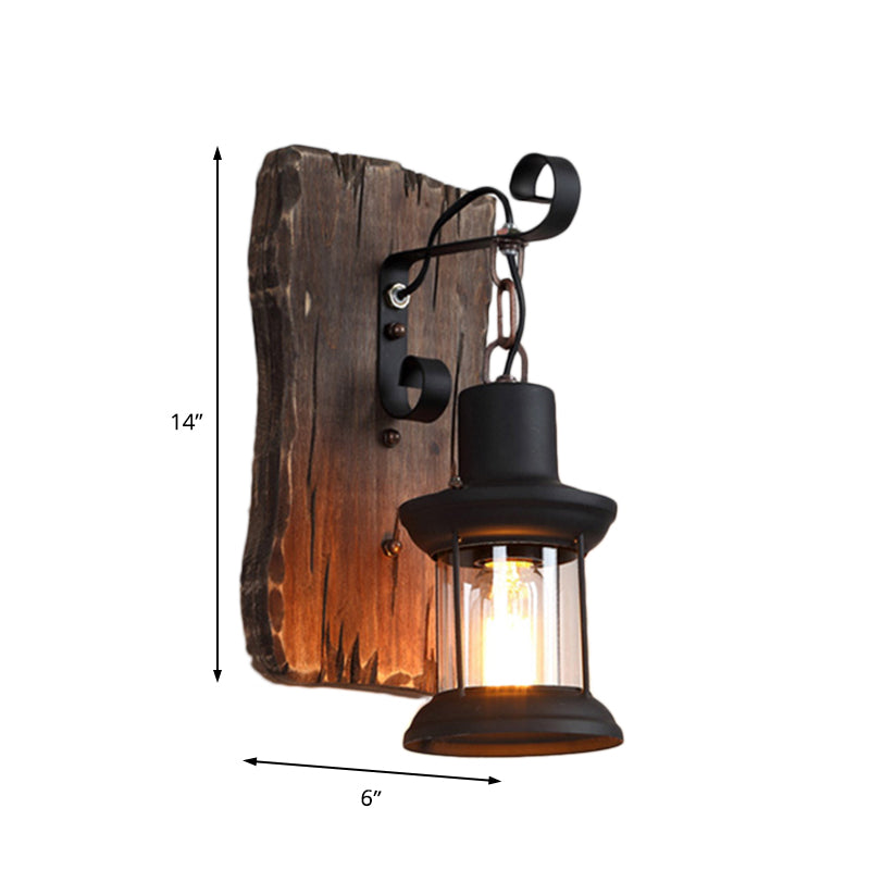 Black One Light Sconce Light Rustic Clear Glass Caged Lighting Fixture with Wooden Backplate Clearhalo 'Industrial wall lights' 'Industrial' 'Middle century wall lights' 'Rustic wall lights' 'Tiffany' 'Wall Lamps & Sconces' 'Wall Lights' Lighting' 146973