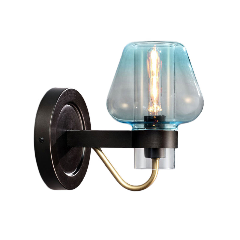 Tapered Shade Bedroom Wall Light Fixture Modern Blue Glass 1 Light Black Sconce Lamp Clearhalo 'Cast Iron' 'Glass' 'Industrial' 'Modern wall lights' 'Modern' 'Tiffany' 'Traditional wall lights' 'Wall Lamps & Sconces' 'Wall Lights' Lighting' 147016