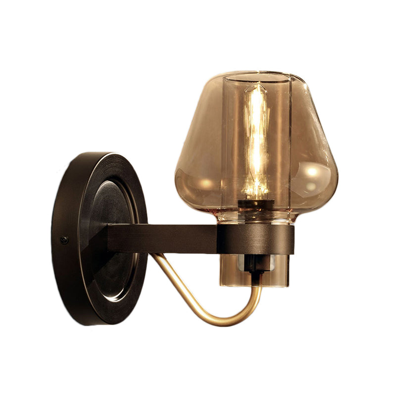 1 Light Amber Glass Wall Sconce Light Modern Black Mushroom Bedroom Lighting Fixture Clearhalo 'Cast Iron' 'Glass' 'Industrial' 'Modern wall lights' 'Modern' 'Tiffany' 'Traditional wall lights' 'Wall Lamps & Sconces' 'Wall Lights' Lighting' 147027