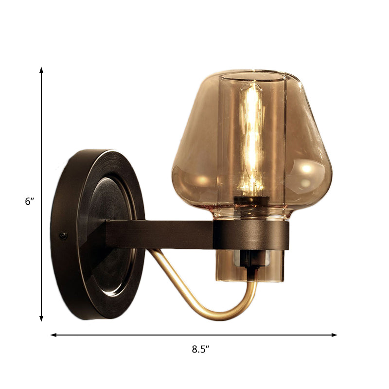 1 Light Amber Glass Wall Sconce Light Modern Black Mushroom Bedroom Lighting Fixture Clearhalo 'Cast Iron' 'Glass' 'Industrial' 'Modern wall lights' 'Modern' 'Tiffany' 'Traditional wall lights' 'Wall Lamps & Sconces' 'Wall Lights' Lighting' 147028