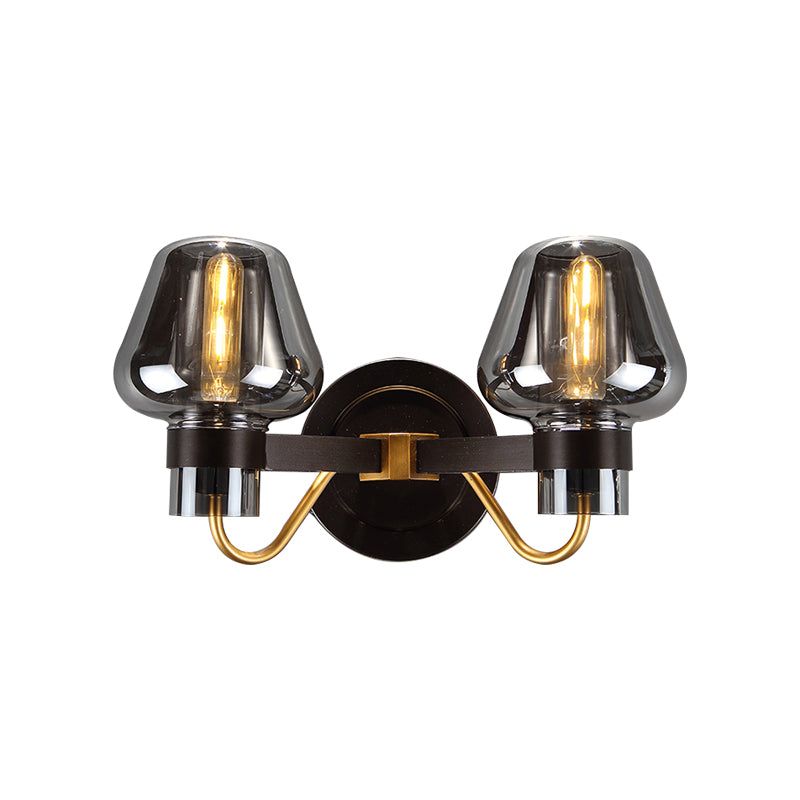 2-Bulb Wall Light with Mushroom Shade Smoked Glass Modern Bedroom Sconce Lighting Fixture Clearhalo 'Cast Iron' 'Glass' 'Industrial wall lights' 'Industrial' 'Middle century wall lights' 'Modern' 'Tiffany' 'Traditional wall lights' 'Wall Lamps & Sconces' 'Wall Lights' Lighting' 147040