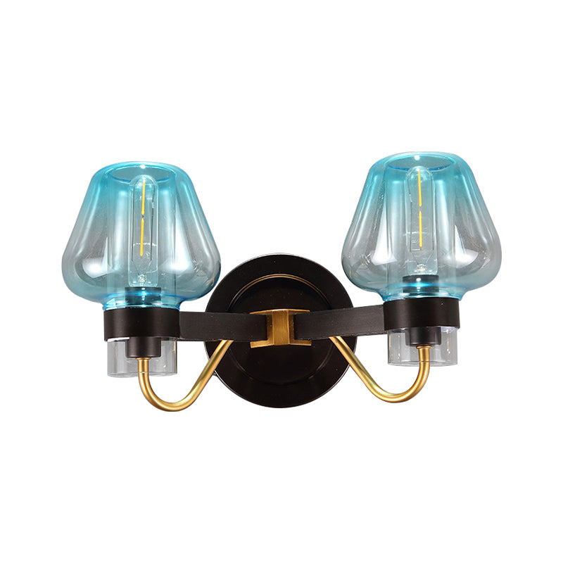 Mushroom Blue Glass Wall Mounted Lamp Modern 2 Bulbs Bedroom Sconce Light in Black Clearhalo 'Cast Iron' 'Glass' 'Industrial' 'Modern wall lights' 'Modern' 'Tiffany' 'Traditional wall lights' 'Wall Lamps & Sconces' 'Wall Lights' Lighting' 147061