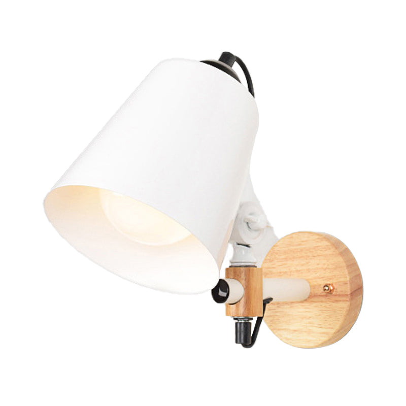 Bucket Shade Metal Wall Lamp Modernism 1 Light Corridor Wall Mount Light with Wooden Backplate in Black/White Clearhalo 'Cast Iron' 'Glass' 'Industrial' 'Modern wall lights' 'Modern' 'Tiffany' 'Traditional wall lights' 'Wall Lamps & Sconces' 'Wall Lights' Lighting' 147076