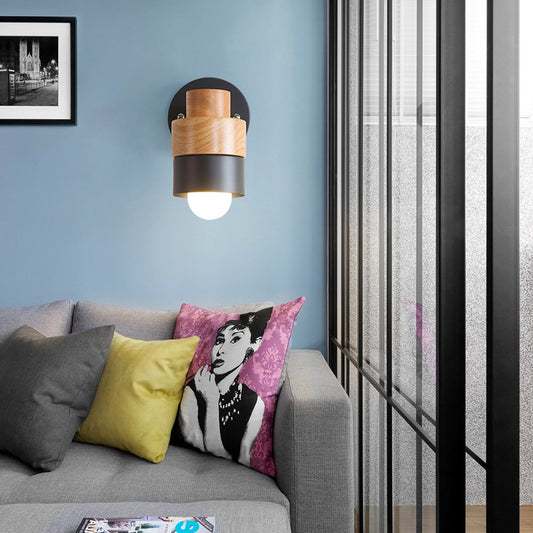 1 Light Rotatable Wall Sconce Lighting Modern Cylinder Metal and Wood Wall Mount Light in Black/white Black Clearhalo 'Art deco wall lights' 'Cast Iron' 'Glass' 'Industrial wall lights' 'Industrial' 'Middle century wall lights' 'Modern' 'Rustic wall lights' 'Tiffany' 'Traditional wall lights' 'Wall Lamps & Sconces' 'Wall Lights' Lighting' 147085