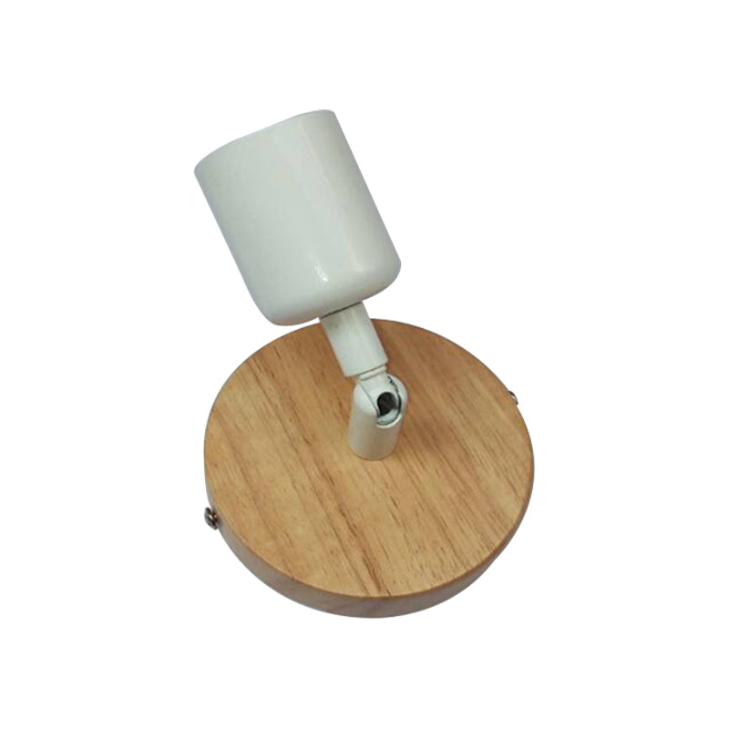 Simple Style Round Backplate Wall Sconce 1 Head Wood and Metal Wall Fixture in White for Bedside Clearhalo 'Industrial wall lights' 'Industrial' 'Middle century wall lights' 'Rustic wall lights' 'Tiffany' 'Wall Lamps & Sconces' 'Wall Lights' Lighting' 147096