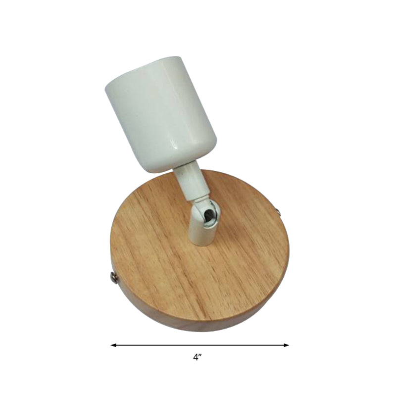Simple Style Round Backplate Wall Sconce 1 Head Wood and Metal Wall Fixture in White for Bedside Clearhalo 'Industrial wall lights' 'Industrial' 'Middle century wall lights' 'Rustic wall lights' 'Tiffany' 'Wall Lamps & Sconces' 'Wall Lights' Lighting' 147097