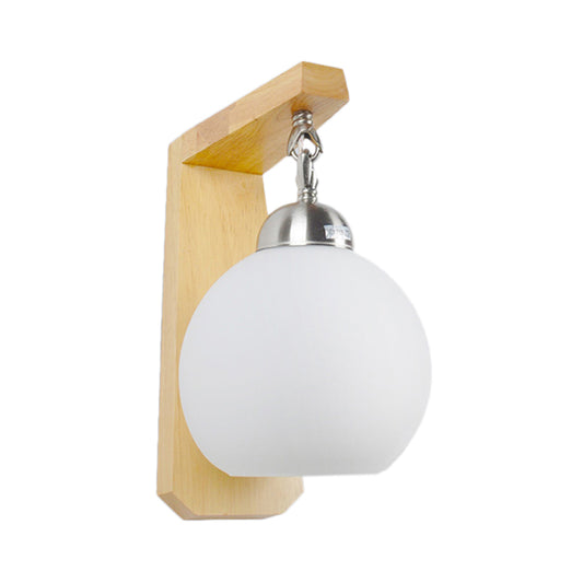 Opal Glass Globe Shade Wall Sconce Industrial 1 Light Bedroom Lighting Fixture with Wooden Backplate Clearhalo 'Modern wall lights' 'Modern' 'Wall Lamps & Sconces' 'Wall Lights' Lighting' 147101