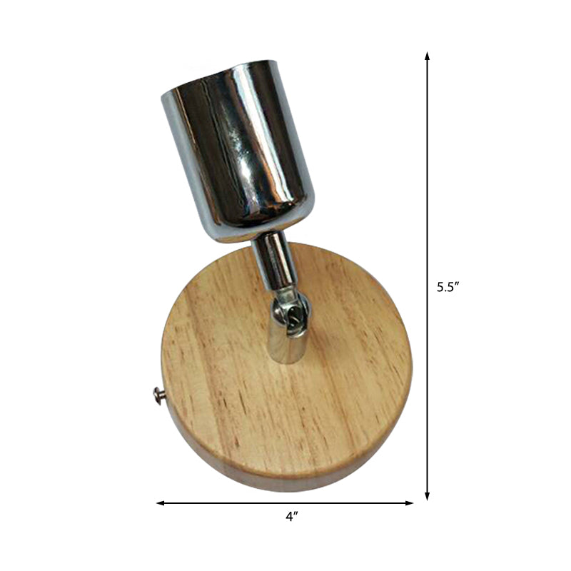 Cup Shaped Metal Wall Lamp Lodge 1 Light Living Room Wall Mount Fixture with Circular Wooden Backplate in Silver/Gold Clearhalo 'Industrial wall lights' 'Industrial' 'Middle century wall lights' 'Rustic wall lights' 'Tiffany' 'Wall Lamps & Sconces' 'Wall Lights' Lighting' 147113