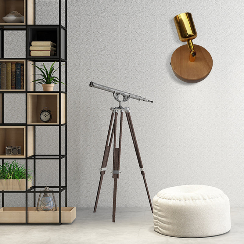 Cup Shaped Metal Wall Lamp Lodge 1 Light Living Room Wall Mount Fixture with Circular Wooden Backplate in Silver/Gold Gold Clearhalo 'Industrial wall lights' 'Industrial' 'Middle century wall lights' 'Rustic wall lights' 'Tiffany' 'Wall Lamps & Sconces' 'Wall Lights' Lighting' 147117