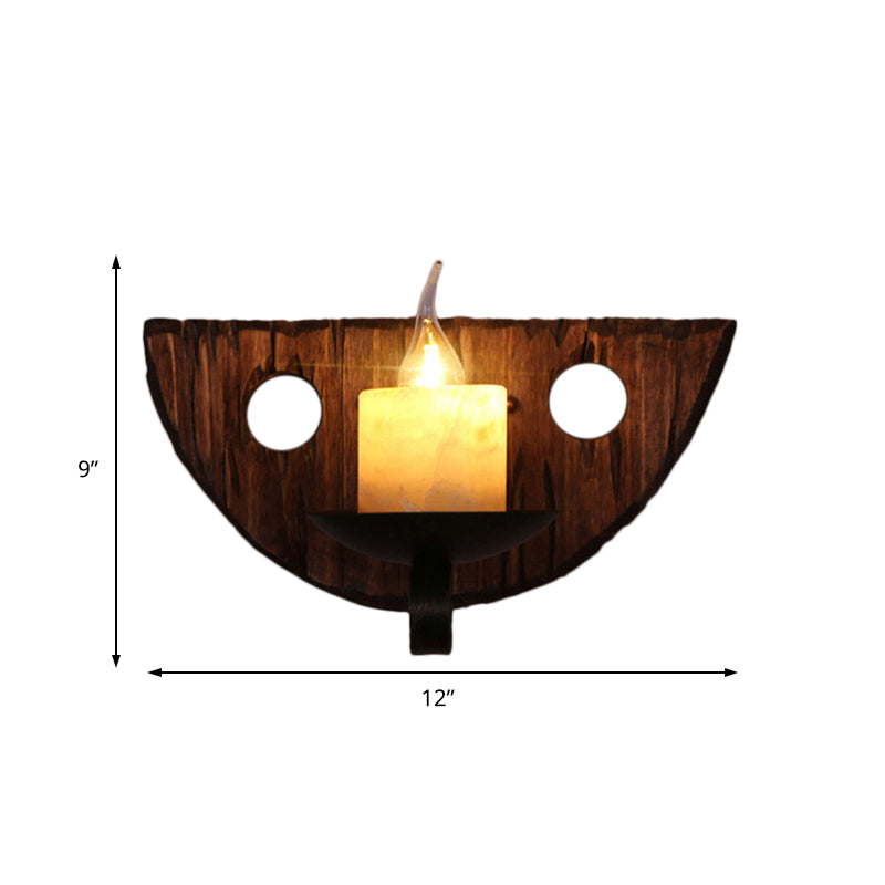 Cylinder Coffee Shop Wall Light Fixture Coastal Marble 1 Light Brown Sconce Lamp with Wooden Semicircle/Foot/Rectangle Base Clearhalo 'Industrial wall lights' 'Industrial' 'Middle century wall lights' 'Rustic wall lights' 'Tiffany' 'Wall Lamps & Sconces' 'Wall Lights' Lighting' 147137