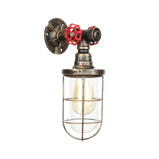 Wire Guard Iron Wall Sconce Lamp with Water Pipe Rustic Style 1 Light Bathroom Wall Light Fixture in Aged Brass Clearhalo 'Art deco wall lights' 'Cast Iron' 'Glass' 'Industrial wall lights' 'Industrial' 'Middle century wall lights' 'Modern' 'Rustic wall lights' 'Tiffany' 'Traditional wall lights' 'Wall Lamps & Sconces' 'Wall Lights' Lighting' 147257