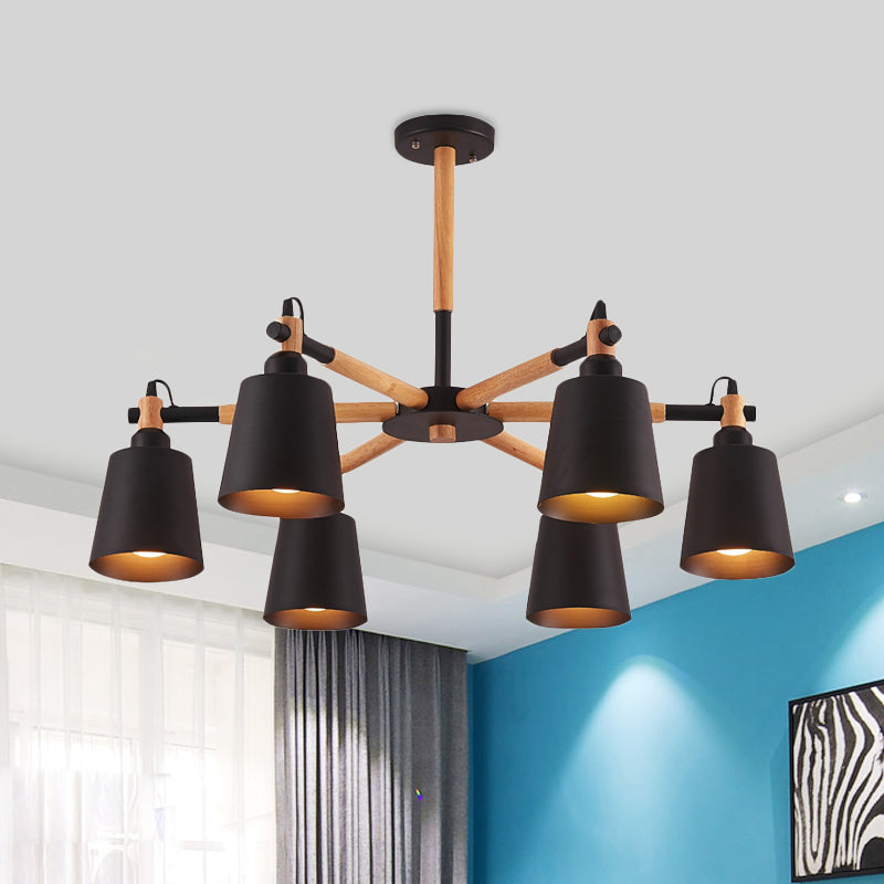 Cone Living Room Chandelier Light Nordic Metal 6 Bulbs Black/White Suspension Lamp with Wooden Arm Clearhalo 'Ceiling Lights' 'Chandeliers' 'Industrial Chandeliers' 'Industrial' 'Middle Century Chandeliers' 'Tiffany' Lighting' 1472600