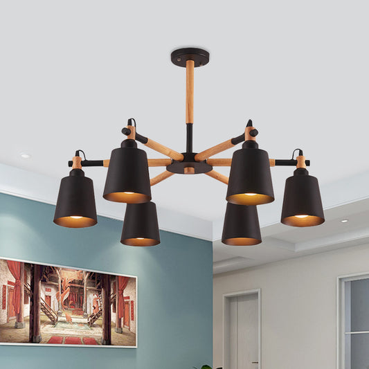 Cone Living Room Chandelier Light Nordic Metal 6 Bulbs Black/White Suspension Lamp with Wooden Arm Black Clearhalo 'Ceiling Lights' 'Chandeliers' 'Industrial Chandeliers' 'Industrial' 'Middle Century Chandeliers' 'Tiffany' Lighting' 1472601