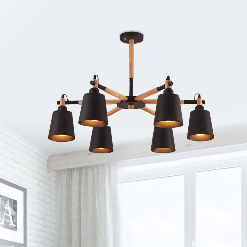 Cone Living Room Chandelier Light Nordic Metal 6 Bulbs Black/White Suspension Lamp with Wooden Arm Clearhalo 'Ceiling Lights' 'Chandeliers' 'Industrial Chandeliers' 'Industrial' 'Middle Century Chandeliers' 'Tiffany' Lighting' 1472602