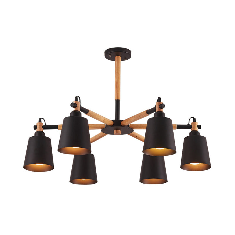 Cone Living Room Chandelier Light Nordic Metal 6 Bulbs Black/White Suspension Lamp with Wooden Arm Clearhalo 'Ceiling Lights' 'Chandeliers' 'Industrial Chandeliers' 'Industrial' 'Middle Century Chandeliers' 'Tiffany' Lighting' 1472603