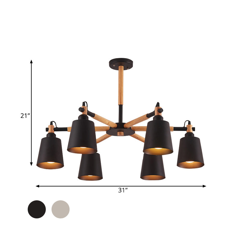 Cone Living Room Chandelier Light Nordic Metal 6 Bulbs Black/White Suspension Lamp with Wooden Arm Clearhalo 'Ceiling Lights' 'Chandeliers' 'Industrial Chandeliers' 'Industrial' 'Middle Century Chandeliers' 'Tiffany' Lighting' 1472604